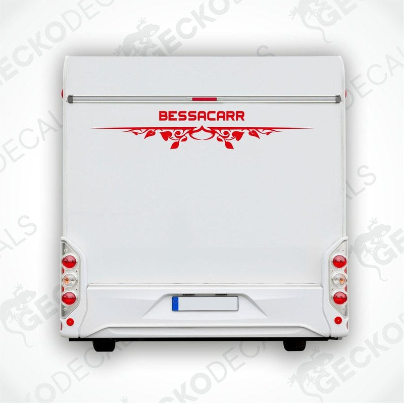 Red BESSACARR caravan rear decal with floral vine motif on white exterior