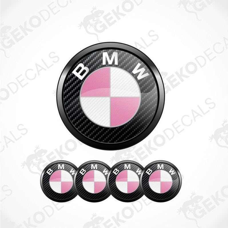 BMW logo with carbon fiber texture and pink and white design on a white background.