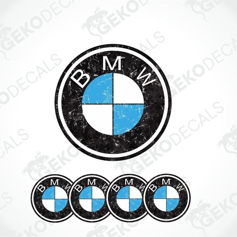 A set of four vinyl decals with polyurethane coating featuring the BMW logo in black, blue, and white colors.