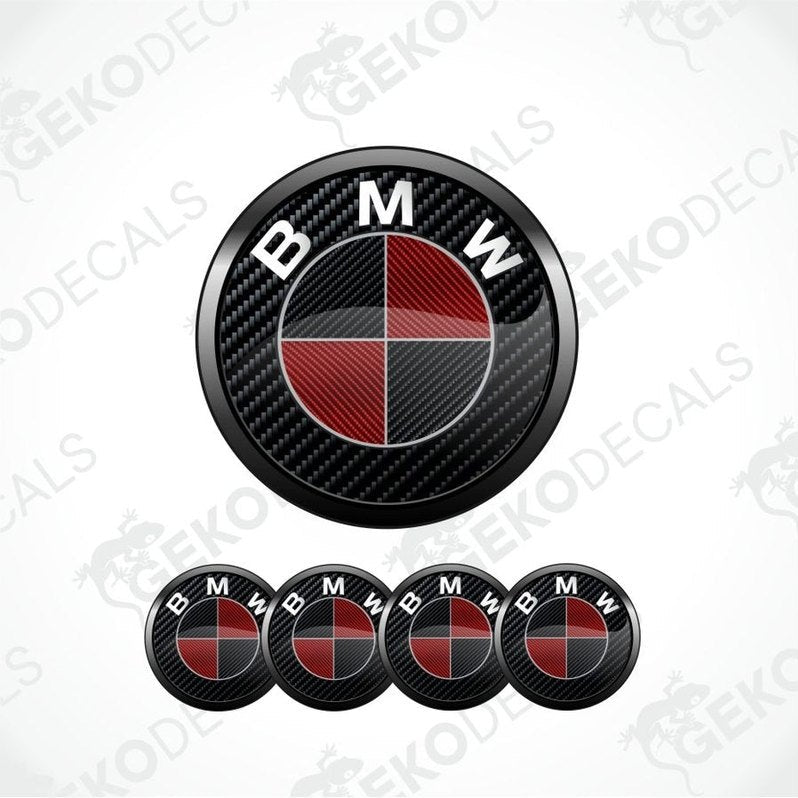 BMW logo decal with carbon fiber texture on a white background