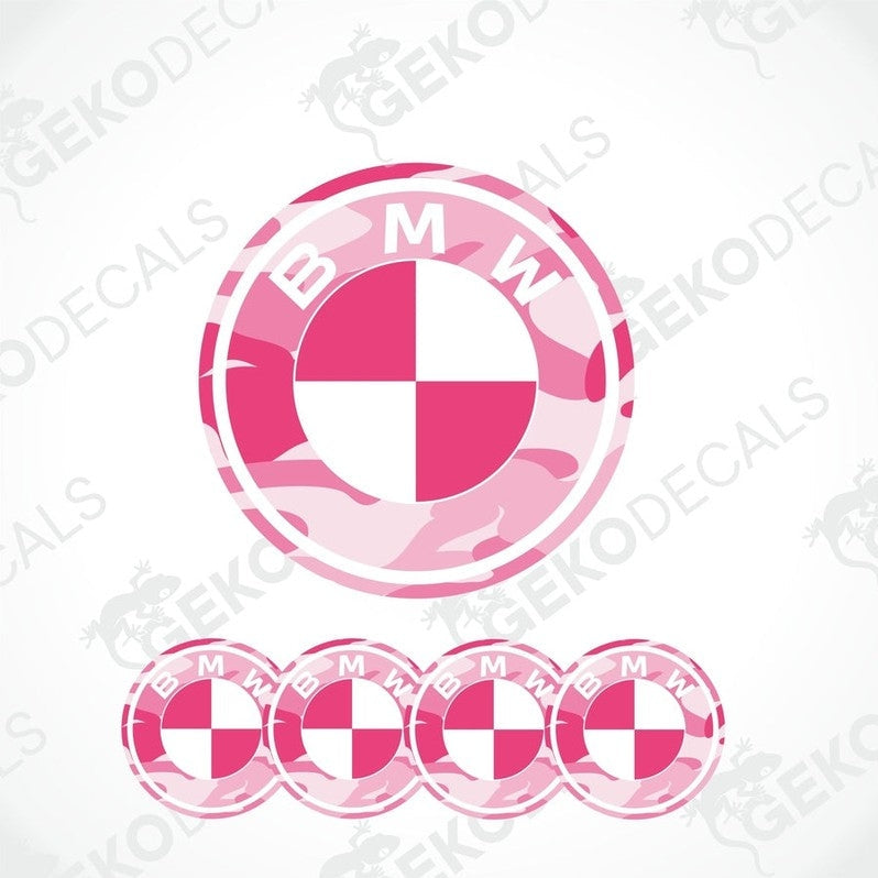 A set of four pink, white, and black vinyl stickers with a BMW logo design.