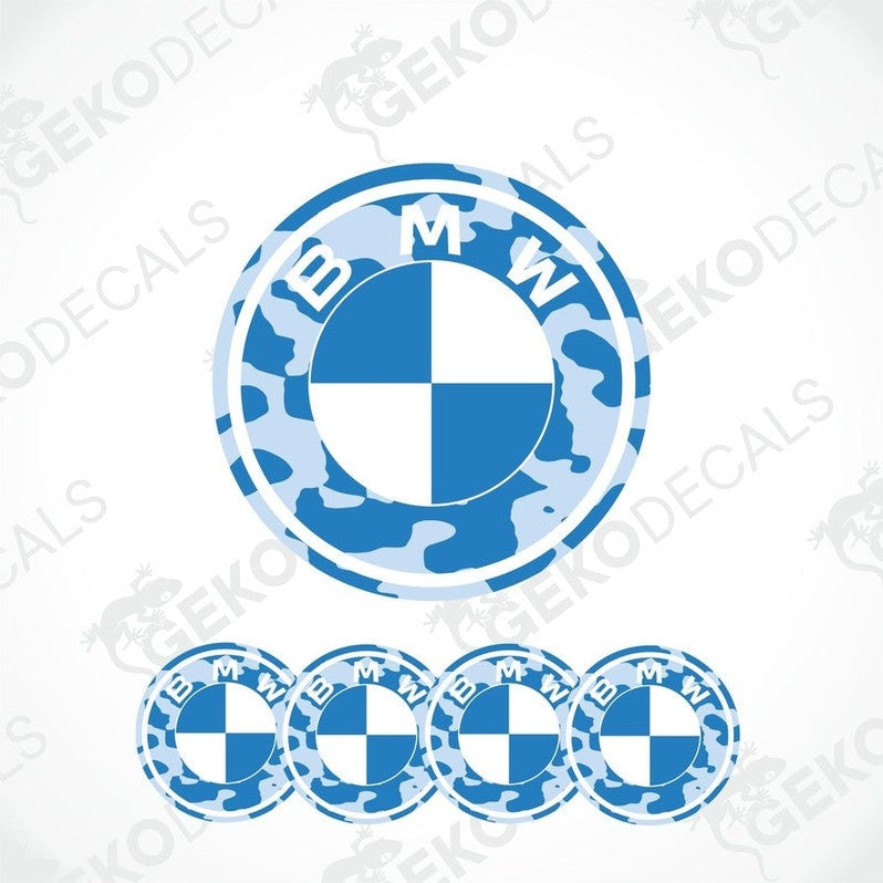 A set of five vinyl decals with polyurethane coating featuring the BMW logo in blue and white colors.