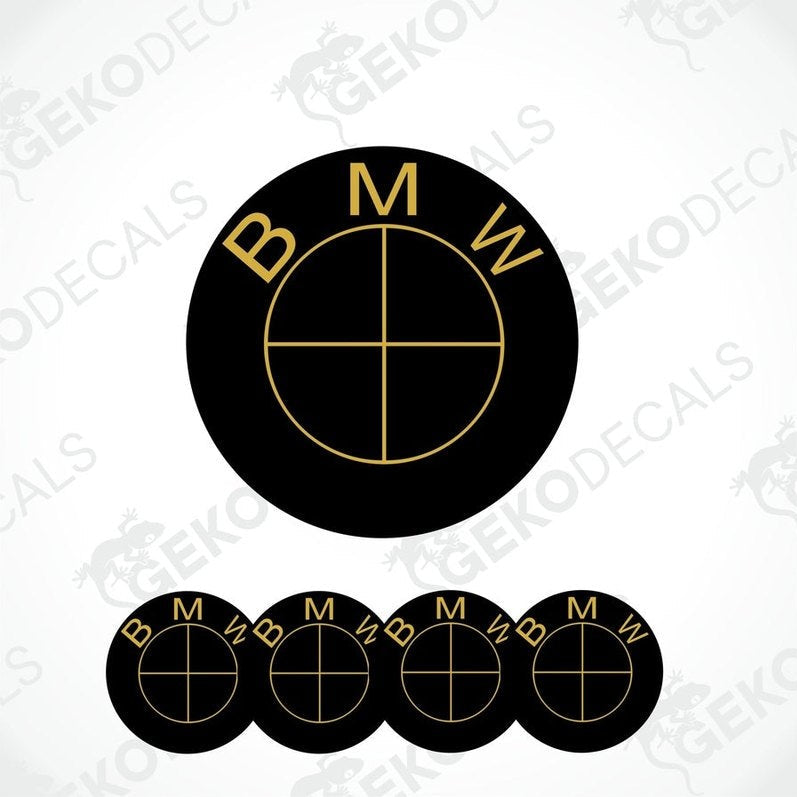 A set of four black and gold BMW vinyl decals with a geometric pattern.