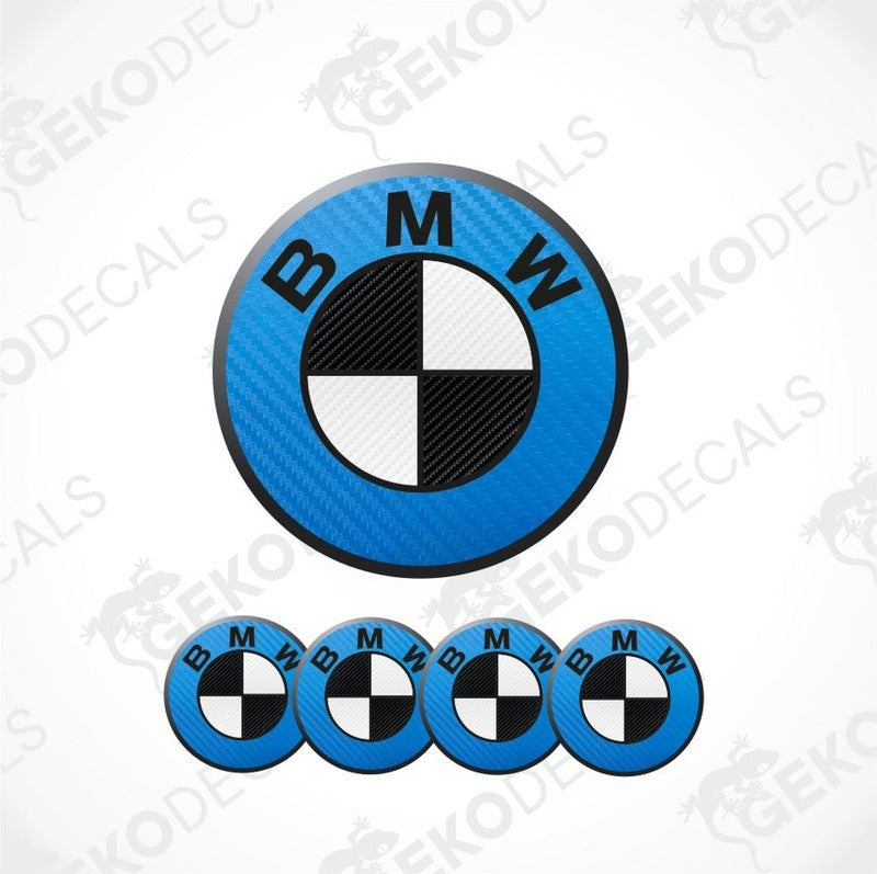 BMW logo decal with blue background and carbon fiber texture