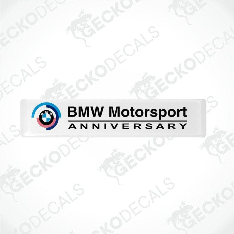 BMW Motorsport Anniversary vinyl decals with a white background and black text, featuring the BMW logo.