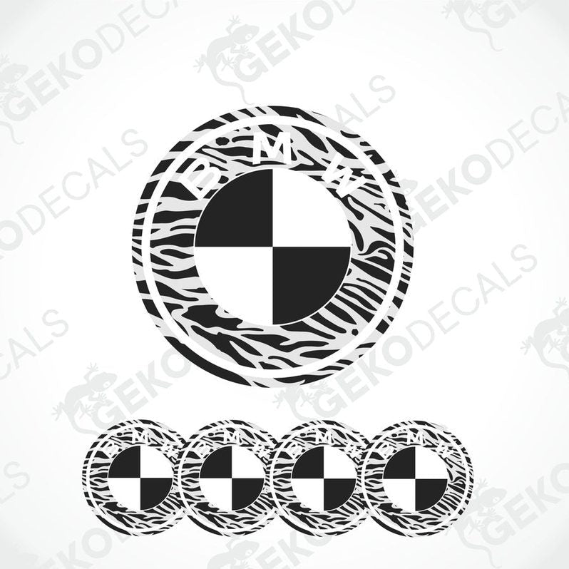 A set of four black, white, and black vinyl stickers with a BMW logo design.