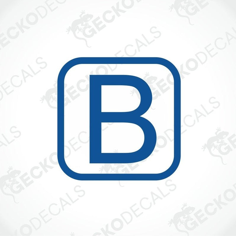 A blue square sticker with the letter 'B' in white.