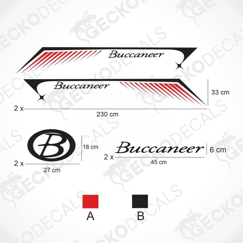 A white Buccaneer caravan with brand decals and a set of two Buccaneer logos and text decals.