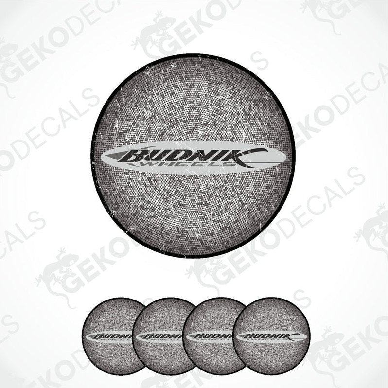 A set of vinyl decals with 'BUDNIK' branding and a speckled grey appearance, including four circular decals of varying sizes.