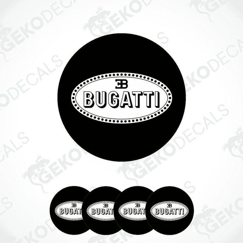 A set of four black vinyl decals with the white 'BUGATTI' brand logo.