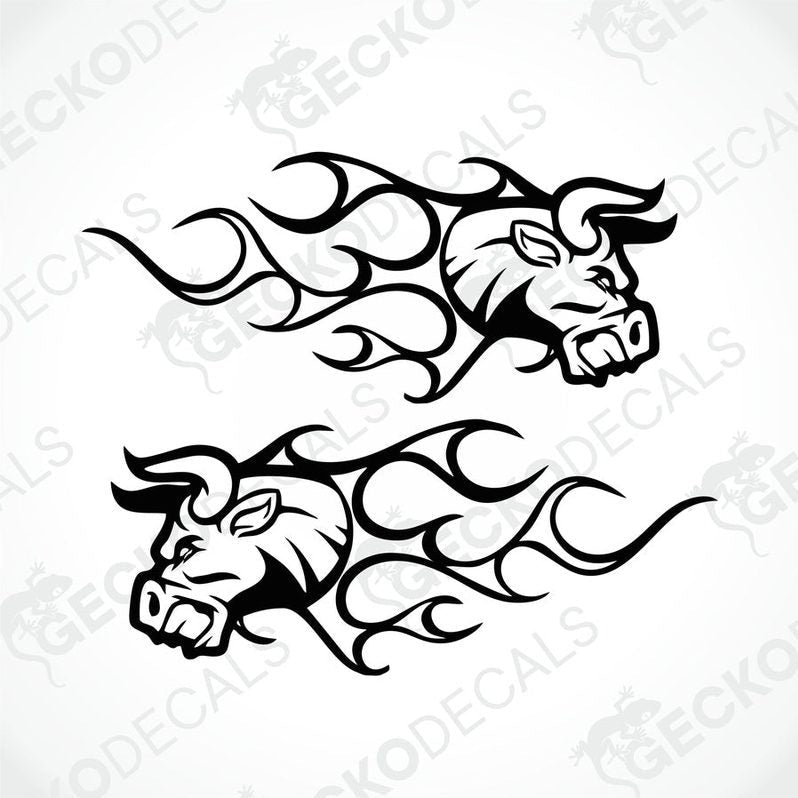 Two black and white decals of tribal bull designs with flame-like patterns around them.