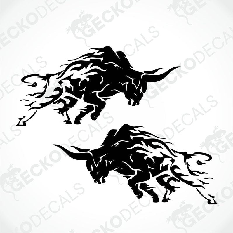 A pair of black and white tribal bull decals designed for use on vehicles or other surfaces.