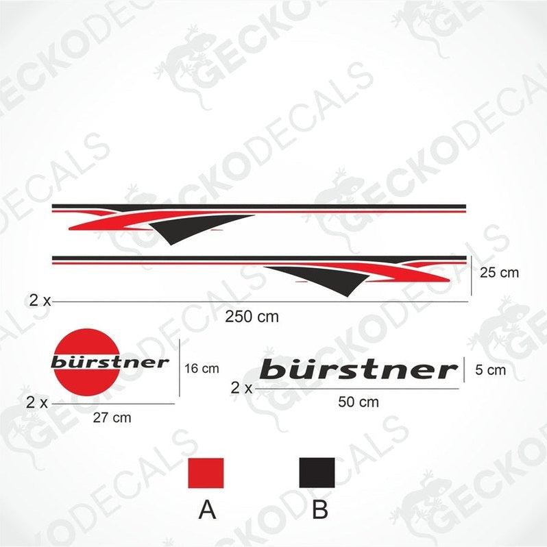 A set of decals for a BÜRSTNER caravan, including side decals, logo decals, and text decals, displayed on a white background.
