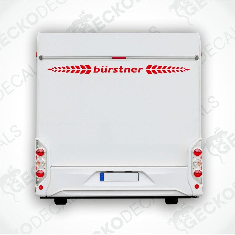 A rear view of a white caravan with the 'bÜrstner' brand logo decal displayed on it.