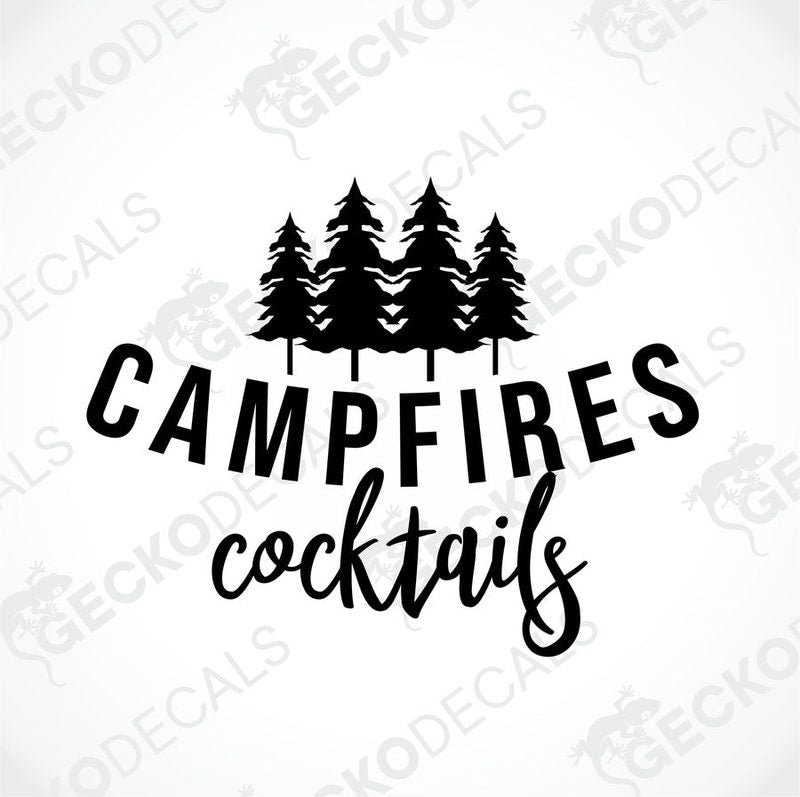 Black die-cut Campfires Cocktails decal with pine tree silhouette on transfer paper
