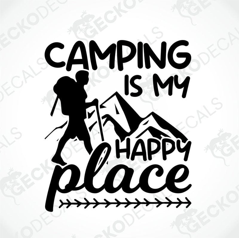 Black Camping Is My Happy Place die-cut decal with hiker silhouette and mountain design
