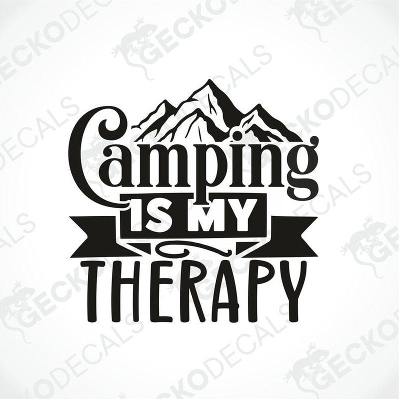Black Camping Is My Therapy die cut decal with mountain silhouette for car or laptop