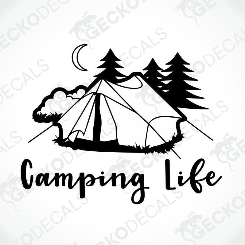 Black Camping Life die-cut decal with tent and trees silhouette for car or laptop