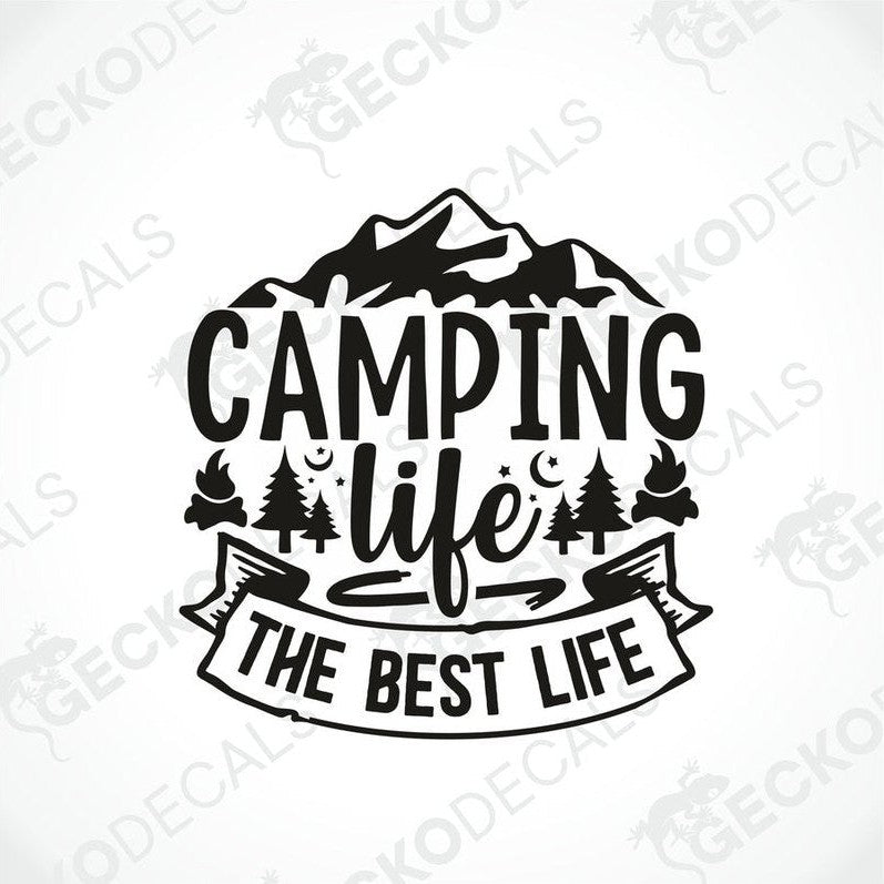 Black Camping Life die-cut decal with mountains, campfires, trees and stars for car or laptop