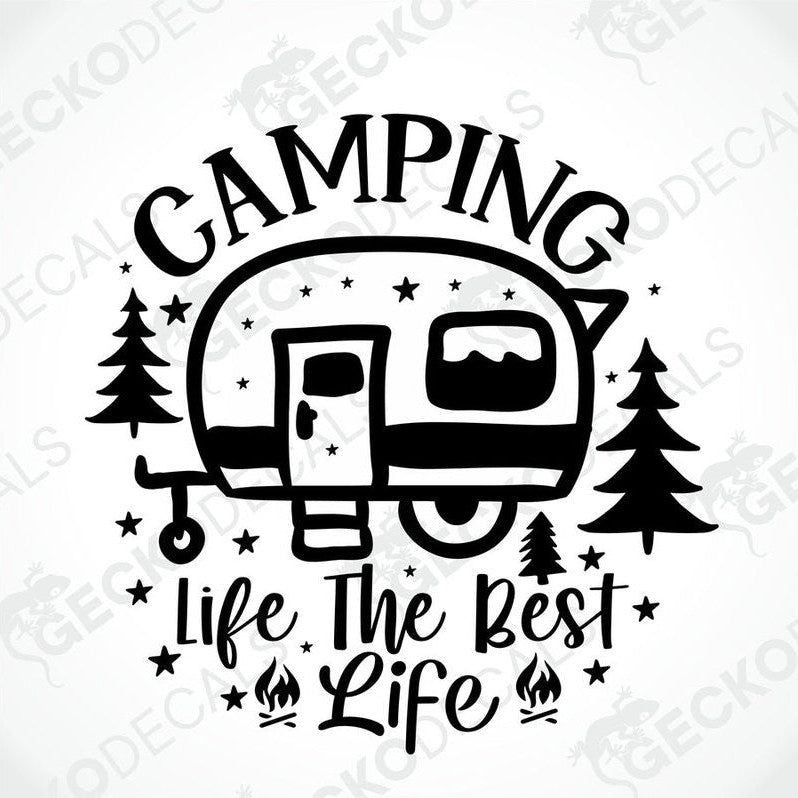 Black retro camper trailer die-cut decal with pine trees and Camping Life The Best Life text for car or laptop