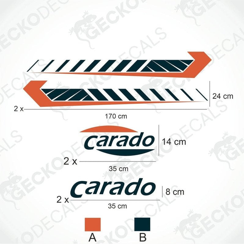 A set of decals for a Carado caravan, including side stripes and logos.