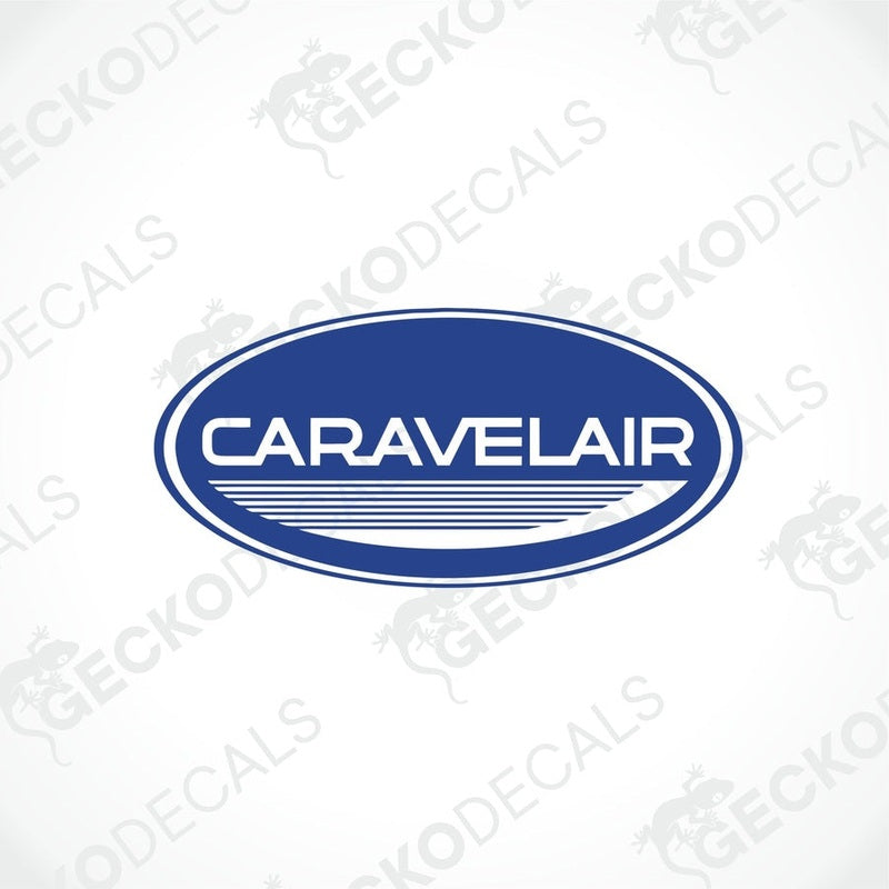 A printed and laminated sticker with the text 'CARAVELAIR' on a blue background with white accents.