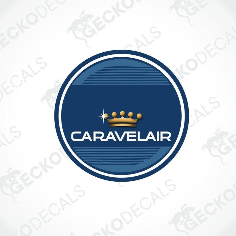 A round blue decal with the text 'CARAVELAIR' and a crown design above the text.