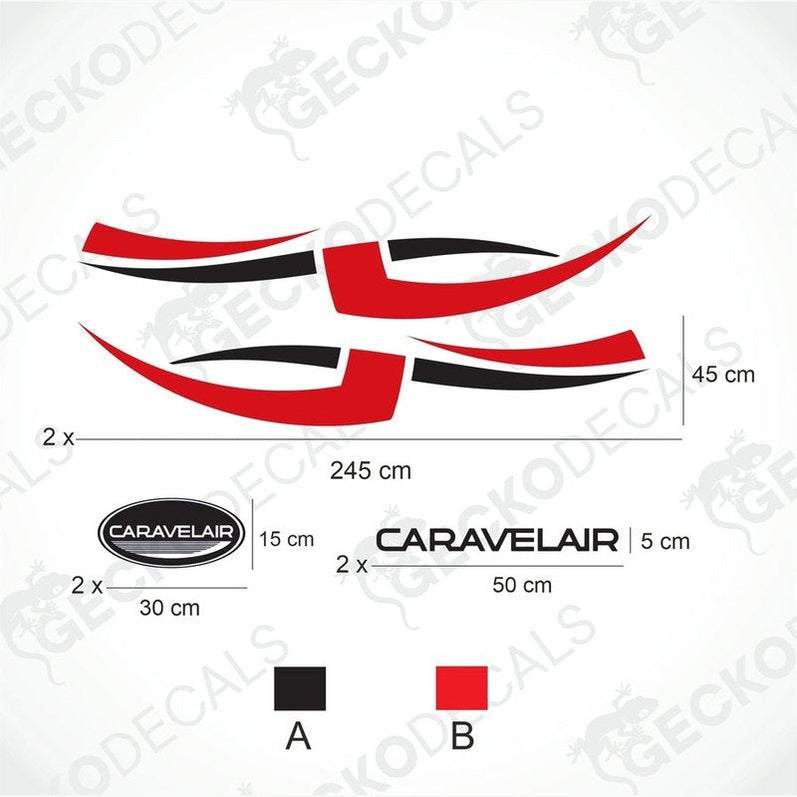 A set of vehicle decals for a caravan, including two side decals and two oval logos with the CARAVELAIR brand logo.
