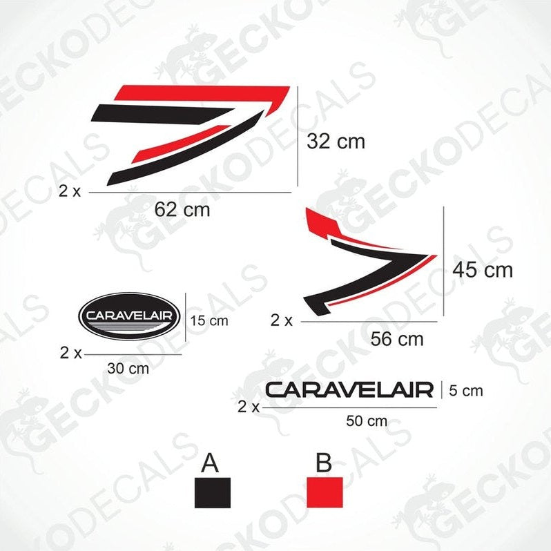 A set of decals for a CARAVELAIR caravan, featuring red and black designs, applied on the side of a white caravan.
