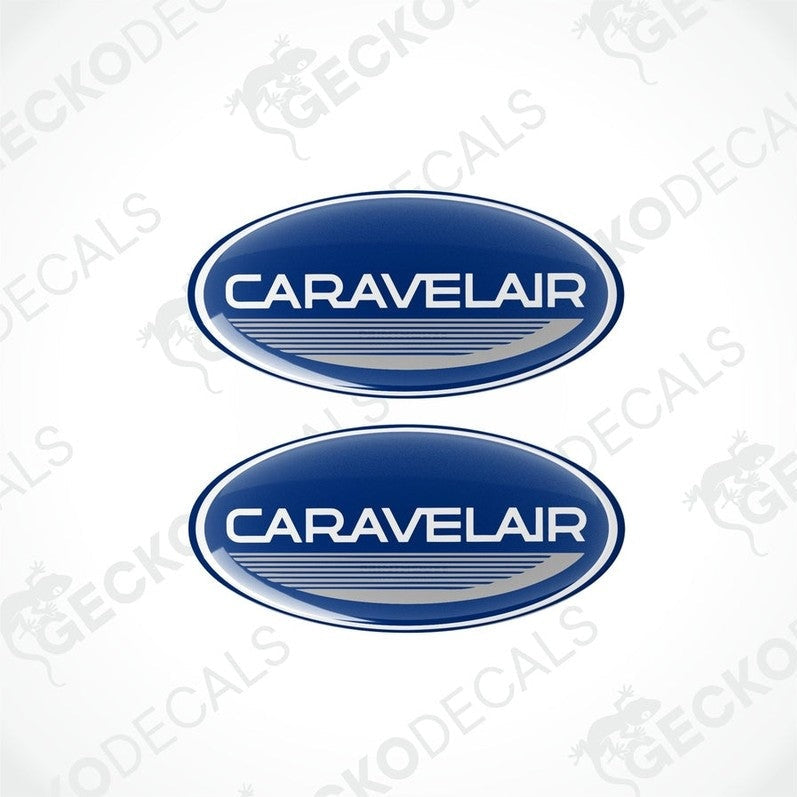 Blue CaravelAir epoxy resin dome decals with white border and wave design