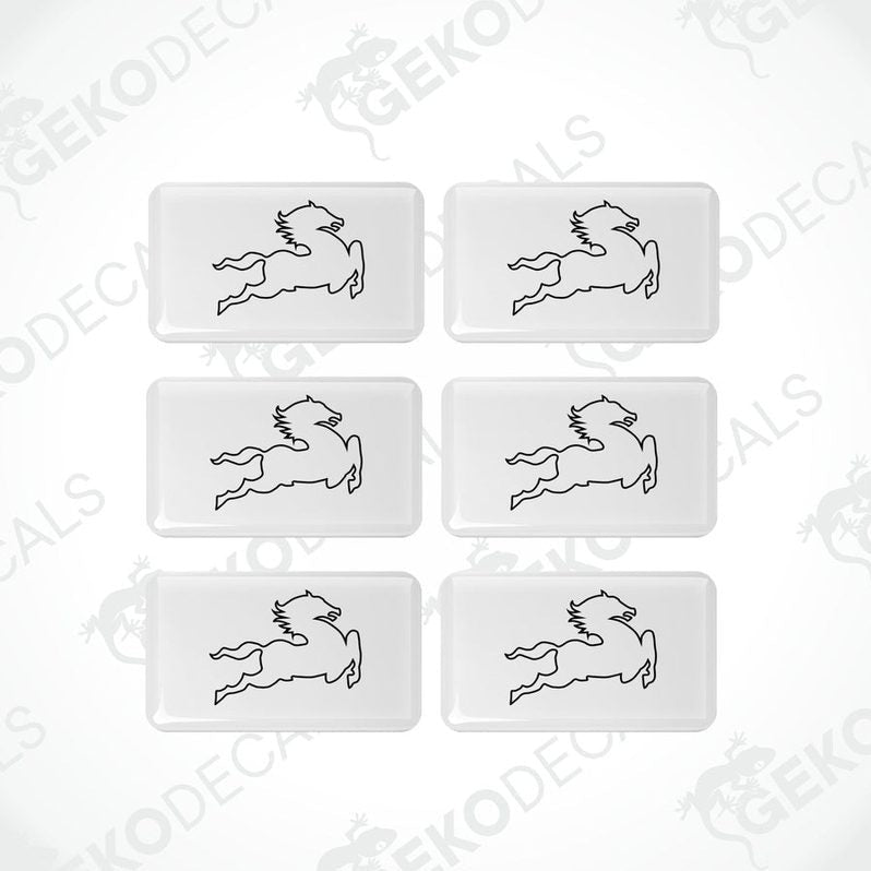 Set of six white vinyl decals with a black horse logo