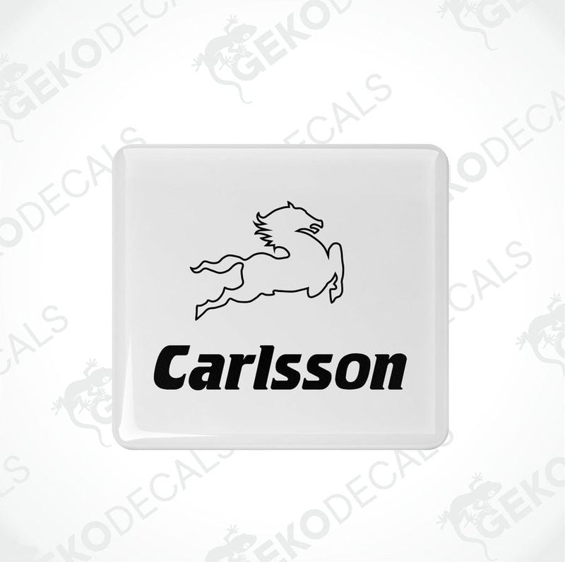 White rectangular car decals with the text 'Carlsson' in black.