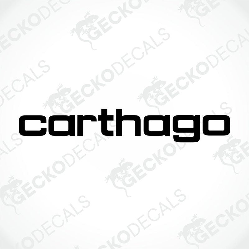 A black die cut sticker with the text 'carthago' on a white background.