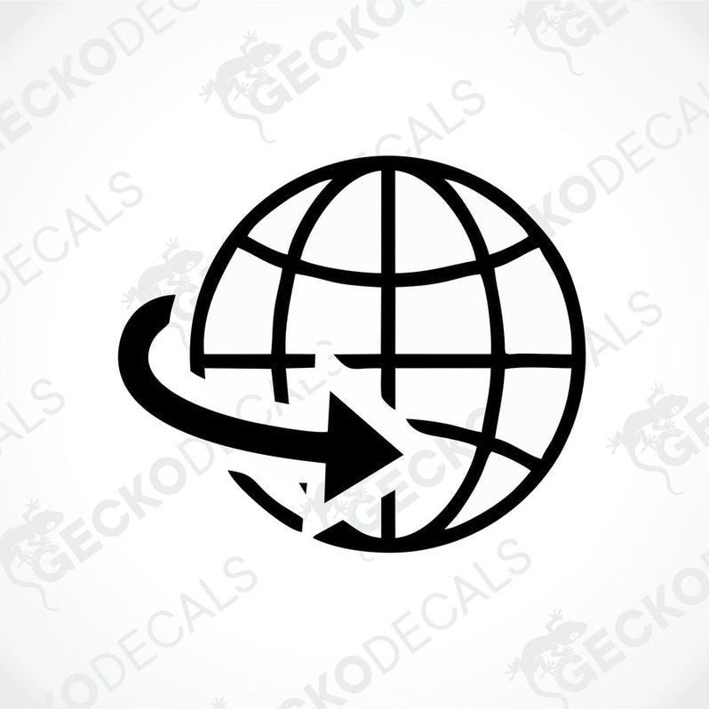 A black die cut sticker with a globe and an arrow symbol, likely intended for use on a caravan or vehicle.