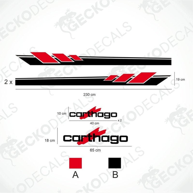 A white Carthago brand caravan with red and black decals and logos.
