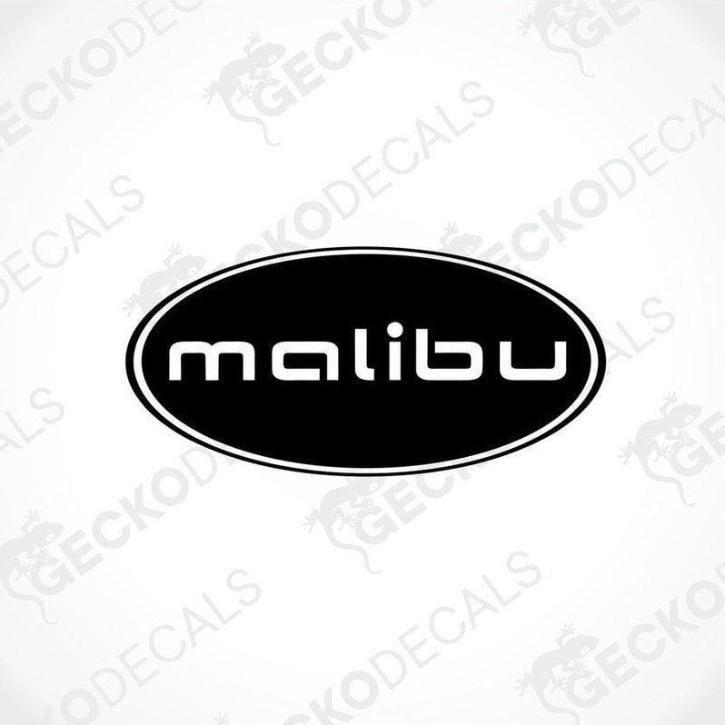 A black die cut sticker with the word 'MALIBU' in white letters, surrounded by a geometric design, delivered on a transfer paper with the text 'GECKODECALS'.