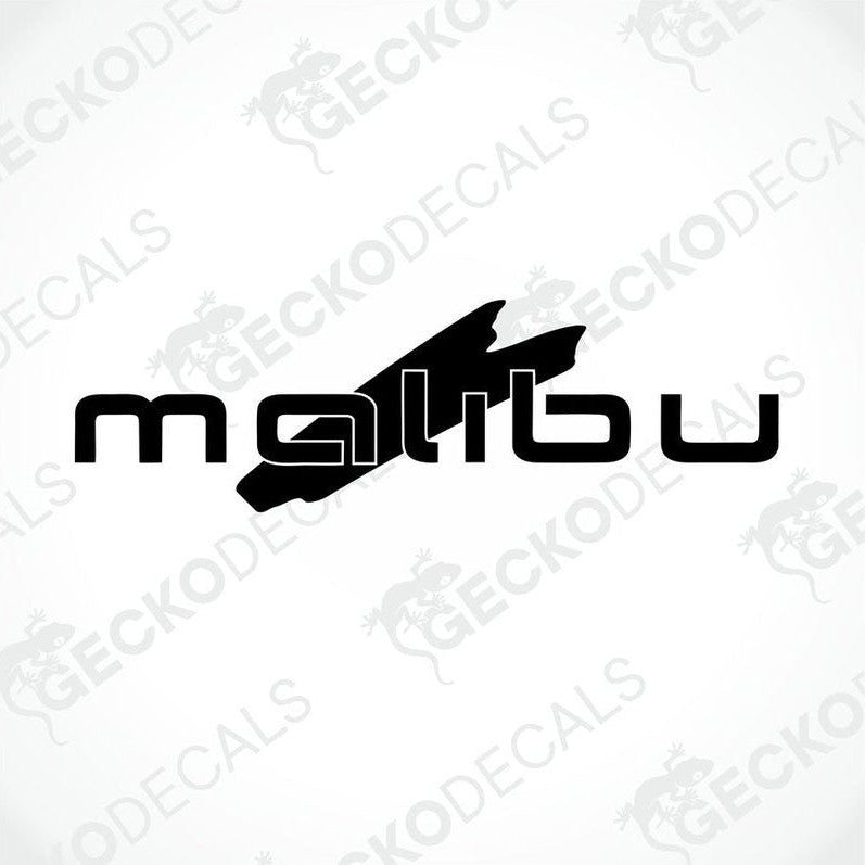 A die cut sticker with the text 'malibu' accompanied by a graphic symbol, predominantly in black color, displayed on a white background.
