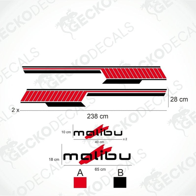 A set of decals for a Carthago Malibu caravan, featuring red and black stripes and the Malibu logo.