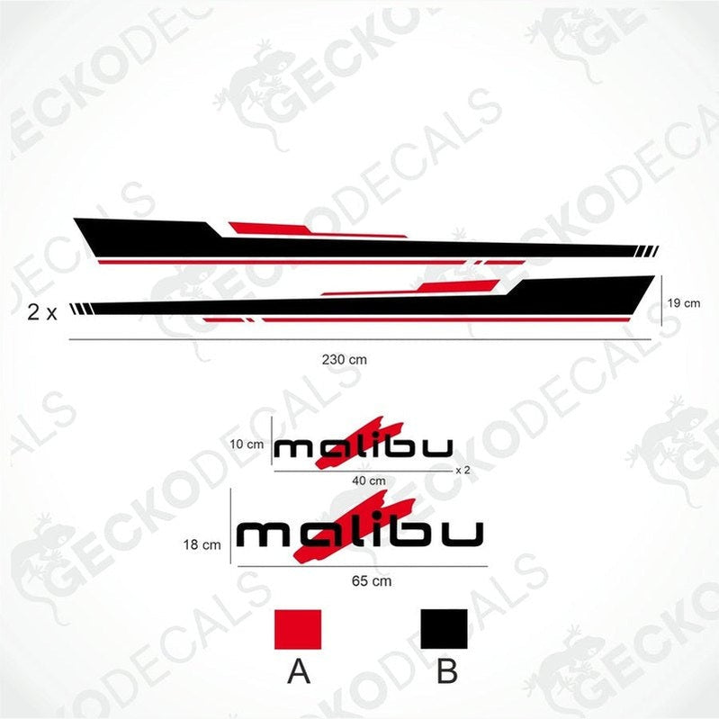 CARTHAGO MALIBU caravan decal set diagram with black and red side decals and logos