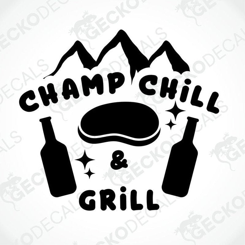 Black CHAMP CHILL & GRILL die-cut decal with mountain peaks and burger graphic for camping