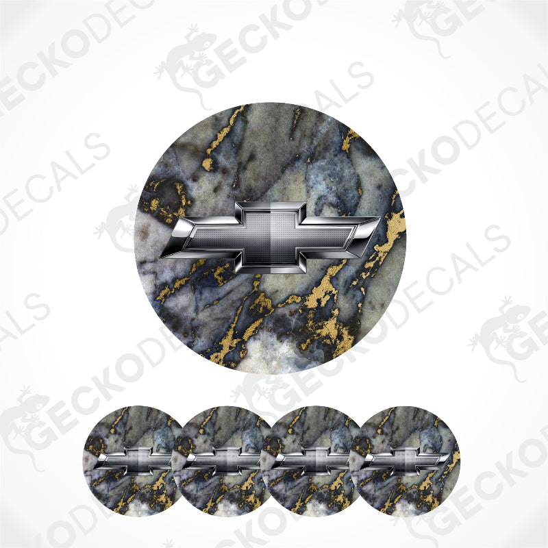 Marble-patterned Chevrolet logo decal with gold accents on a white background.