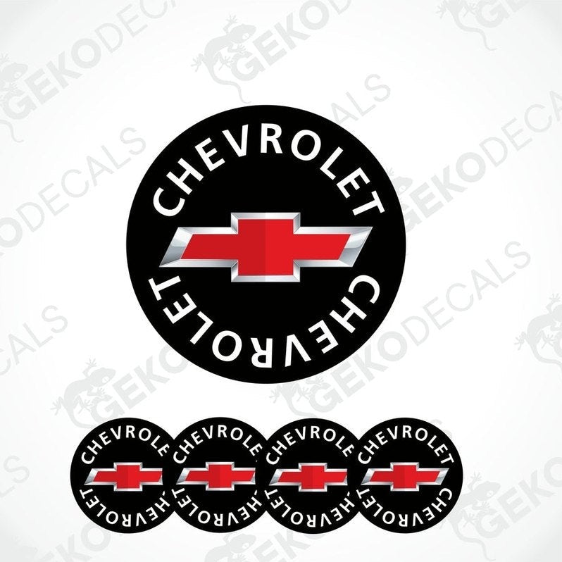 A set of four vinyl decals with polyurethane coating featuring the Chevrolet logo in red and white on a black background.