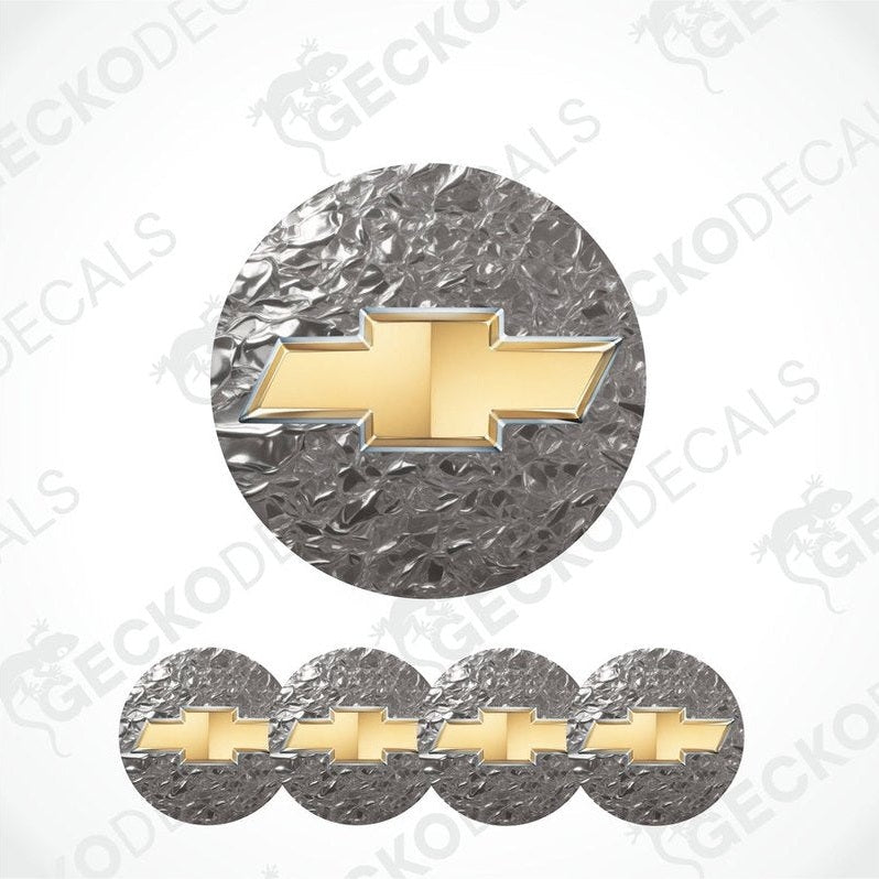 Gold Chevrolet logo on gray circular backgrounds with 'Gecko Decals' branding.