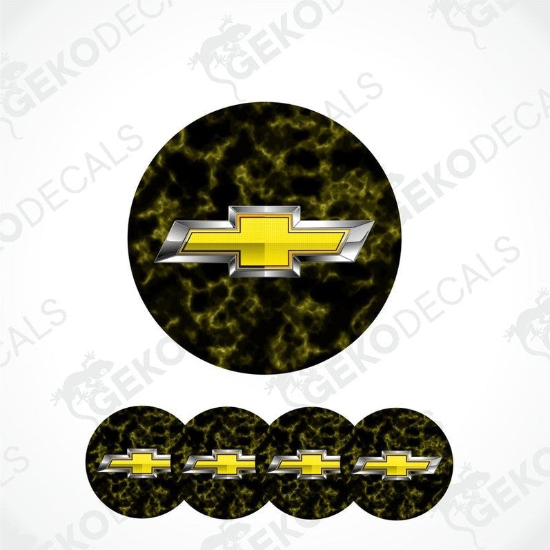 A set of four round vinyl stickers with a Chevrolet logo, designed for use on car wheels or caps.