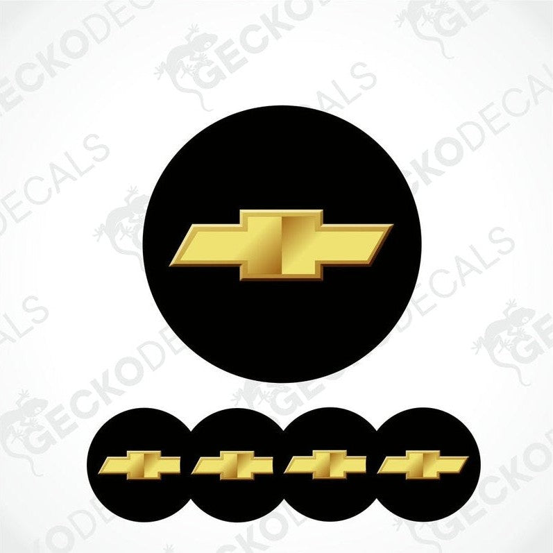 A set of four black vinyl stickers with a gold Chevrolet logo, designed for use on car decals.