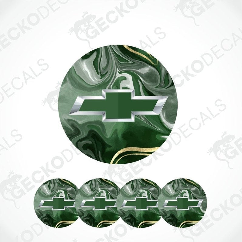 Set of green and white marbled Chevrolet logo decals on a white background.