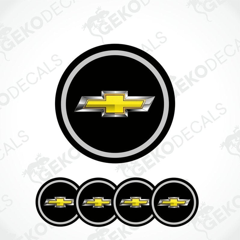 A set of four round vinyl decals with a Chevrolet logo design, with a black background and yellow Chevrolet logo on each decal.