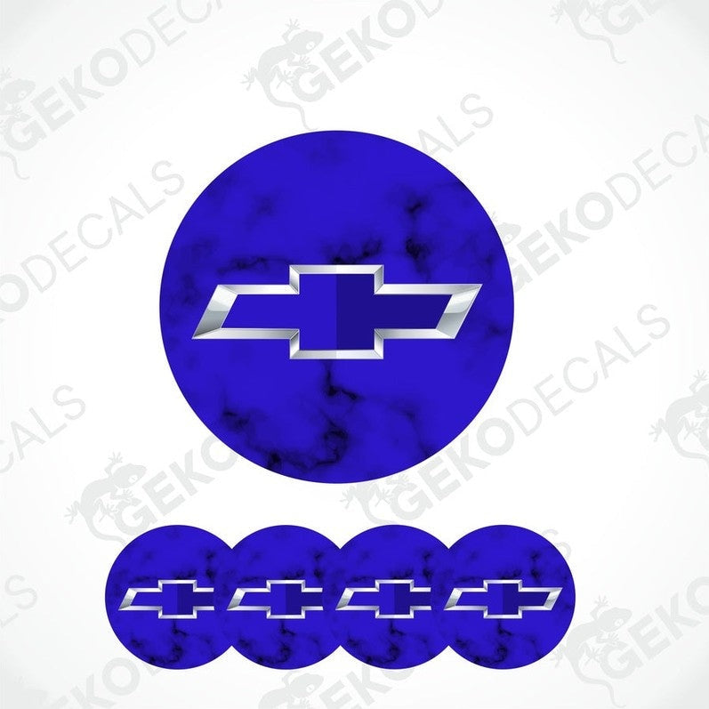 A set of four blue vinyl stickers with a Chevrolet logo, designed for use on car wheels or caps.