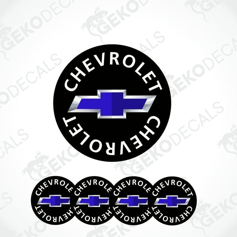 A set of four black vinyl stickers with the word 'CHEVROLET' and a blue and white chevron logo design.