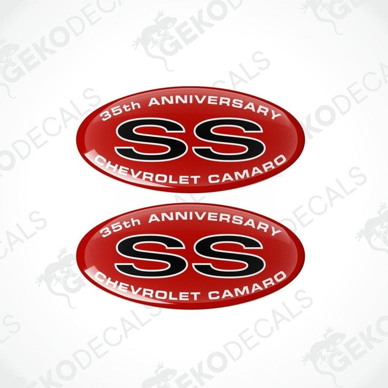 Two red, white, and black vinyl stickers with '35th Anniversary Chevrolet Camaro' text and the SS symbol.